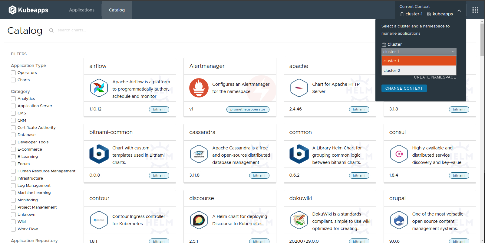 Kubeapps showing the cluster selector