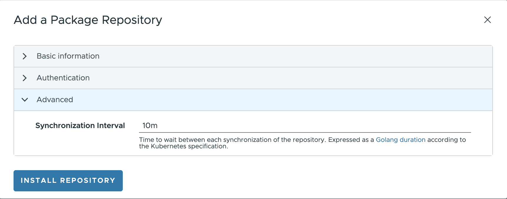 Package Repository advanced tab Carvel